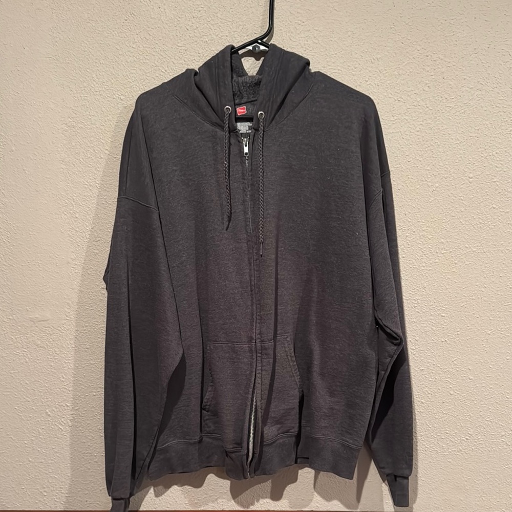 Hanes Dark Gray Zip Up Sweater with Hood and Relaxed Fit